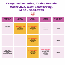 Grafik zajęć od 02.01 - 06.01.2023 Ladies Latino, Modern Jive, West Coast Swing Taniec Brzucha